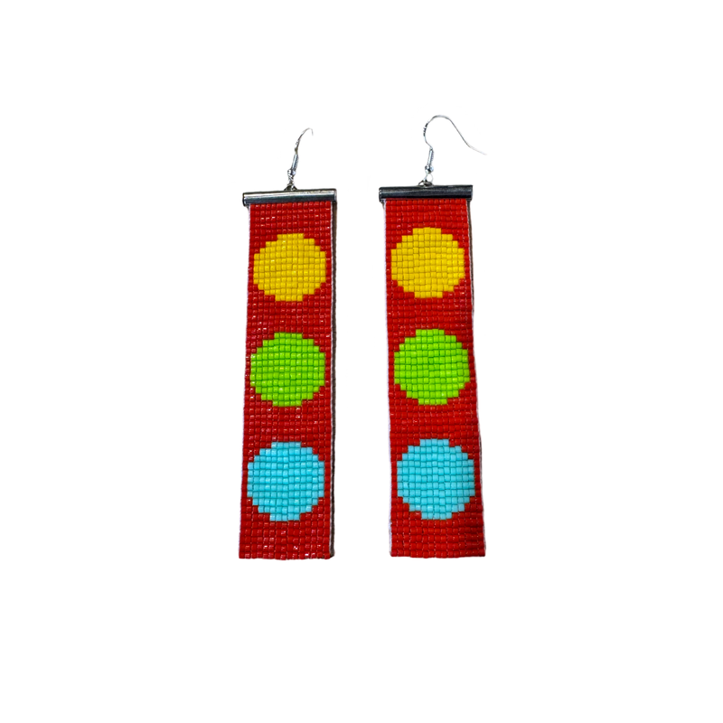 Rectangle Circles  Beaded earrings- Red, Yellow, Lime, and Blue