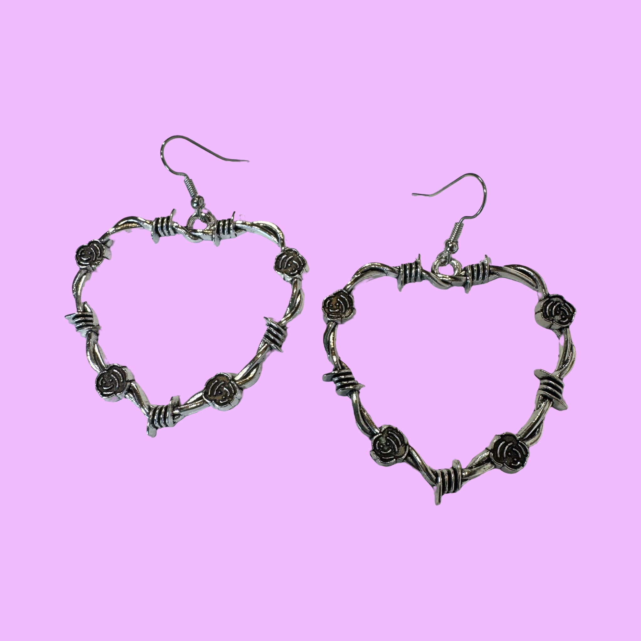 Large Rose Barb Wire Heart Earrings- Silver