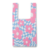 Blue  Checker Pink Daisy Knit Bag
