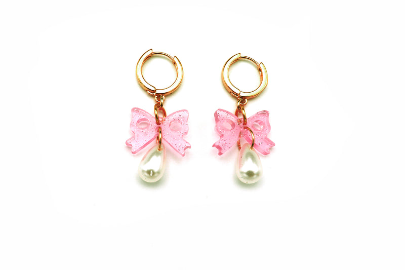 Bow Pearl Drops - Glitter Pink