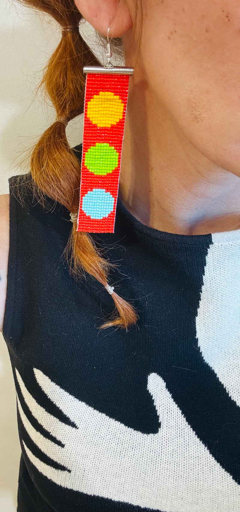 Rectangle Circles  Beaded earrings- Red, Yellow, Lime, and Blue