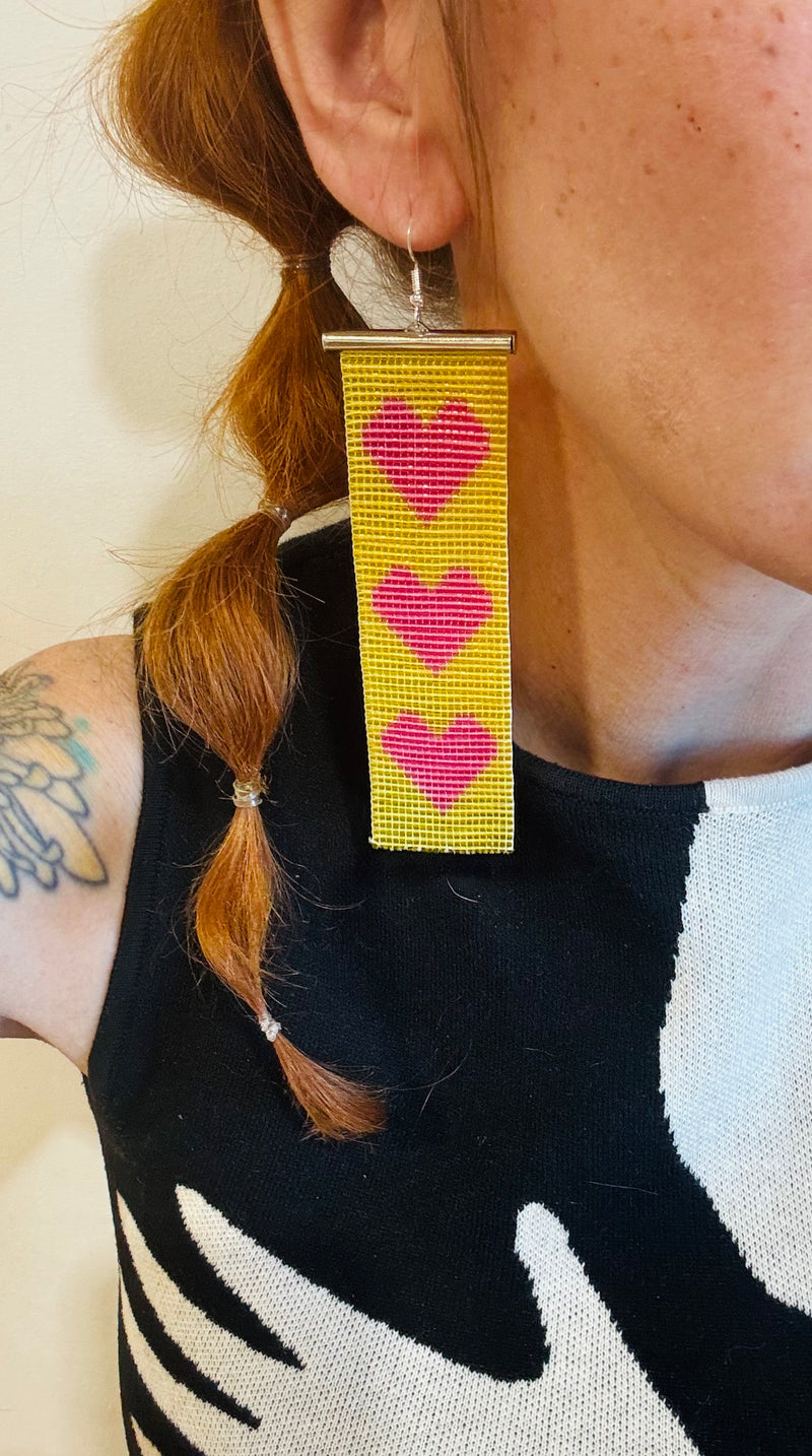Rectangle Hearts  Beaded earrings- Yellow and Pink
