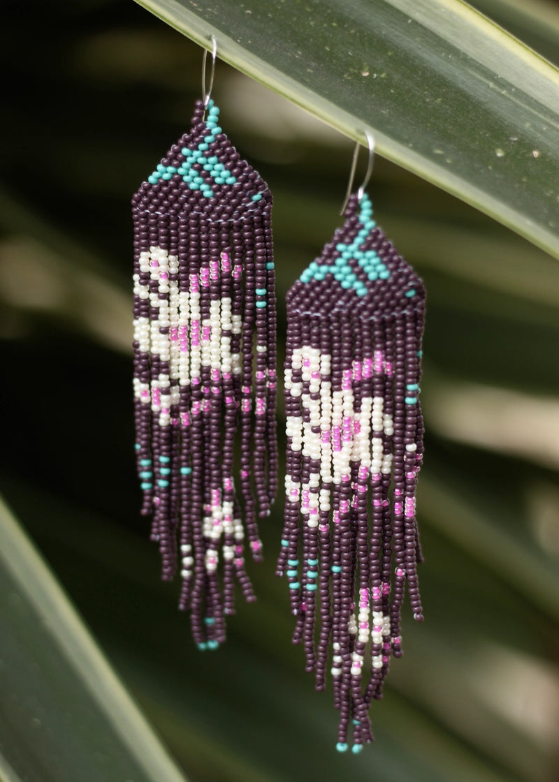 Beaded Indigenous  Hand Made  Earrings-  Purple