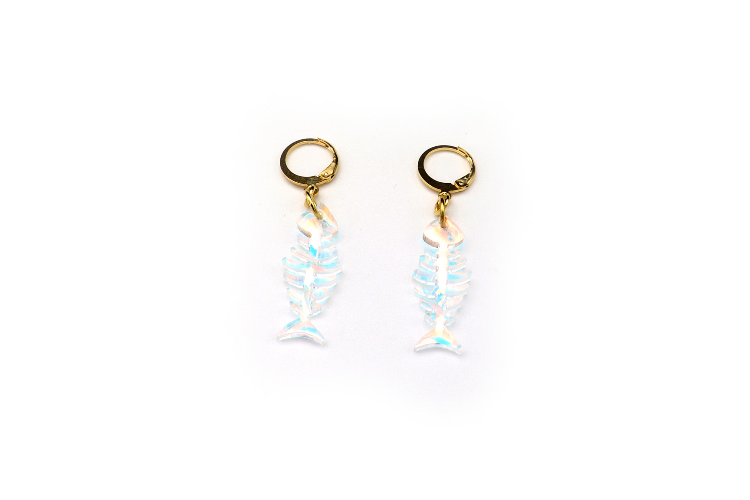 Mini fishbone  Charm Earring- Iridescent