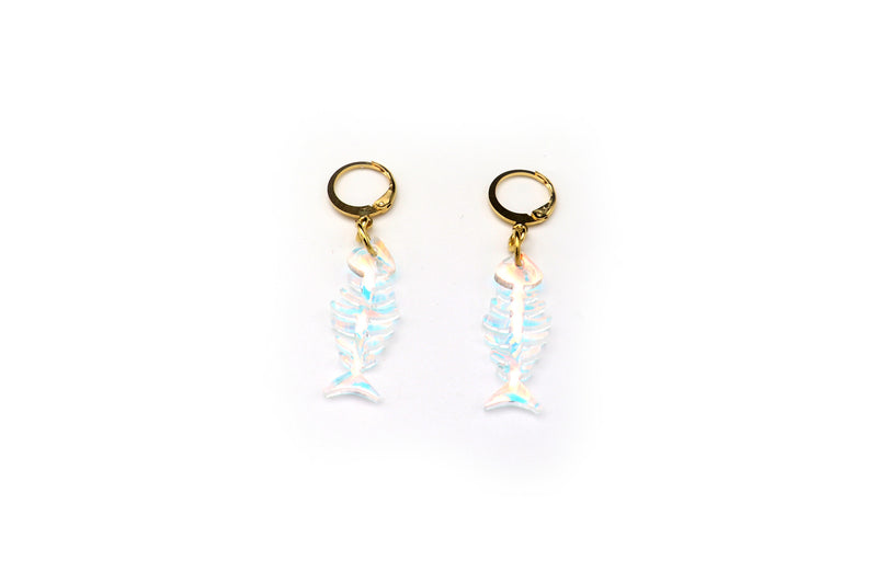 Mini fishbone  Charm Earring- Iridescent