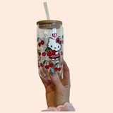 Hello kitty Cherry Heart  Drinking Glass with Top and Glass Straw