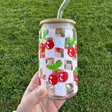 Cherry Checker Drinking Glass with Top and Glass Straw