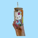 Hello Kitty Drinking Glass with Top and Glass Straw
