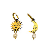 Sun and Moon Pearl Drop Earrings- Gold