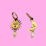 Sun and Moon Pearl Drop Earrings- Gold