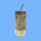 Lemon Drinking Glass with Top and Glass Straw