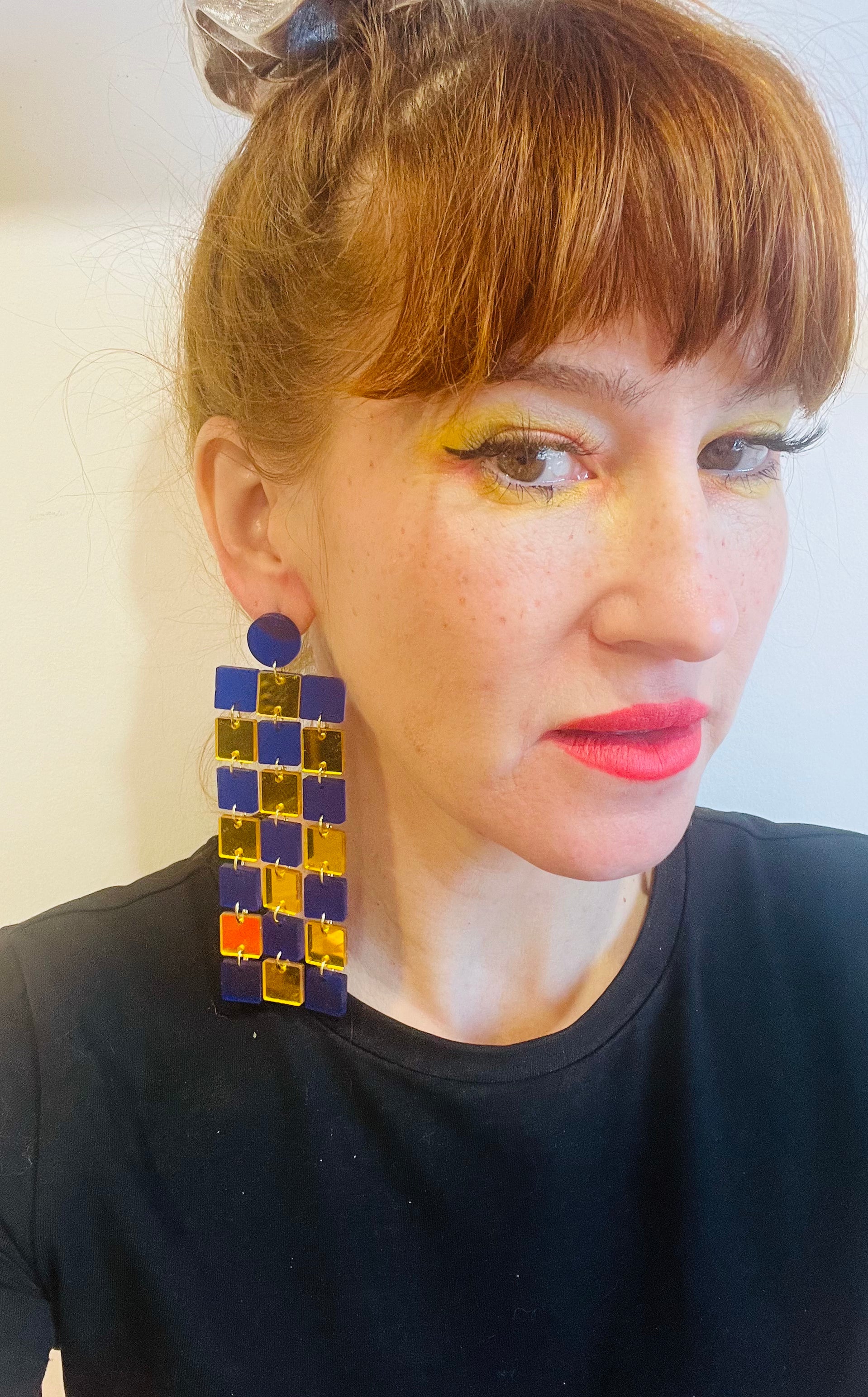 Blue and Gold XL Checker Earrings
