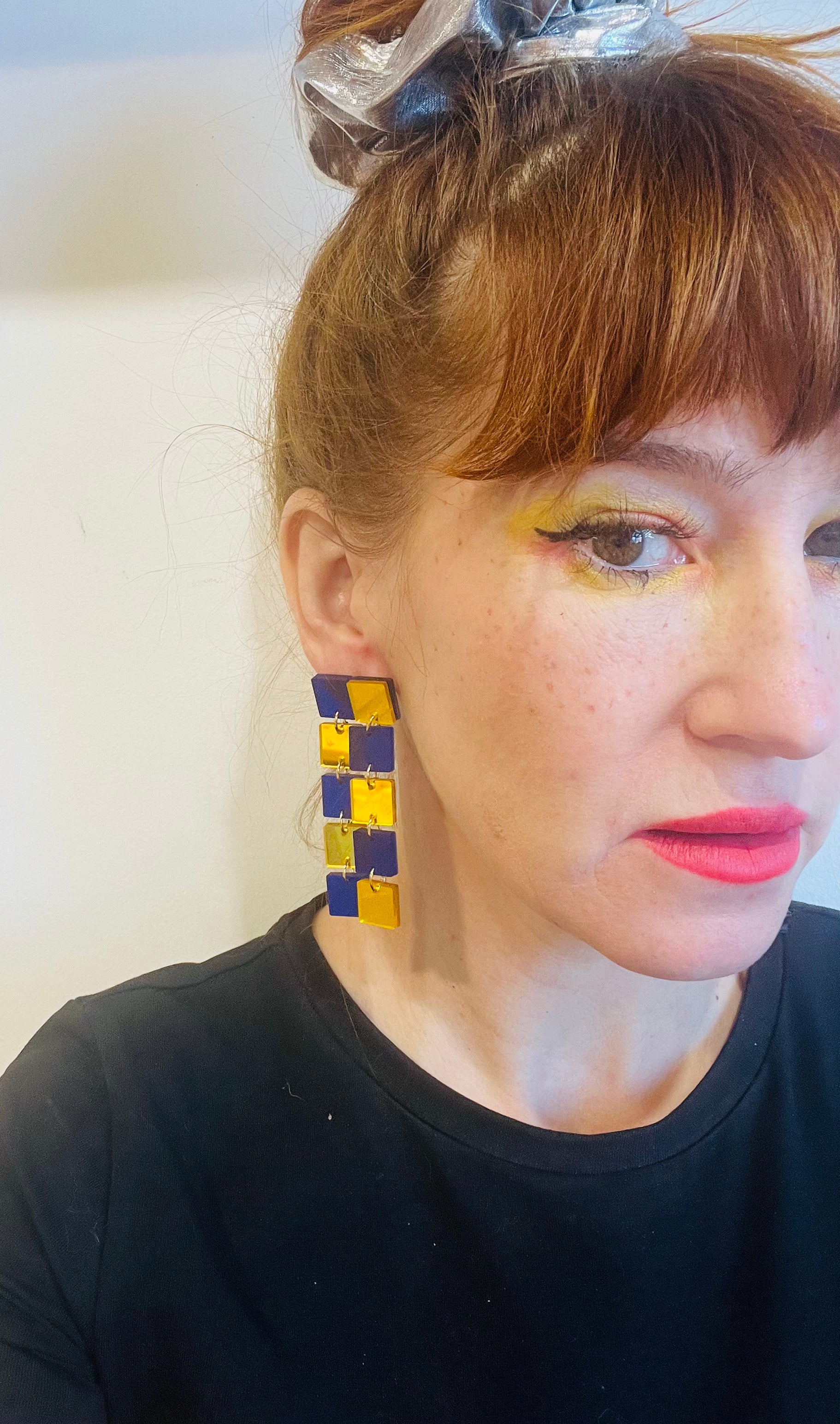 Blue and Gold Checker Earrings