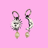 Sun and Moon Pearl Drop Earrings- Silver