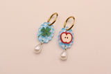 Gingham Apple and Clover Pearl Drop Earrings