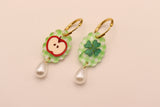 Gingham Apple and Clover Pearl Drop Earrings