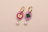 Gingham Apple and Clover Pearl Drop Earrings