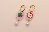 Gingham Apple and Clover Pearl Drop Earrings