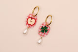 Gingham Apple and Clover Pearl Drop Earrings