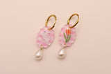 Gingham Tulip and Bunny Pearl Drop Earrings