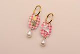 Gingham Tulip and Bunny Pearl Drop Earrings