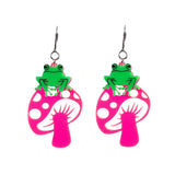 TOAD-ally FUN-gi Dangle Earrings on pink mushrooms