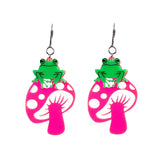 TOAD-ally FUN-gi Dangle Earrings on pink mushrooms