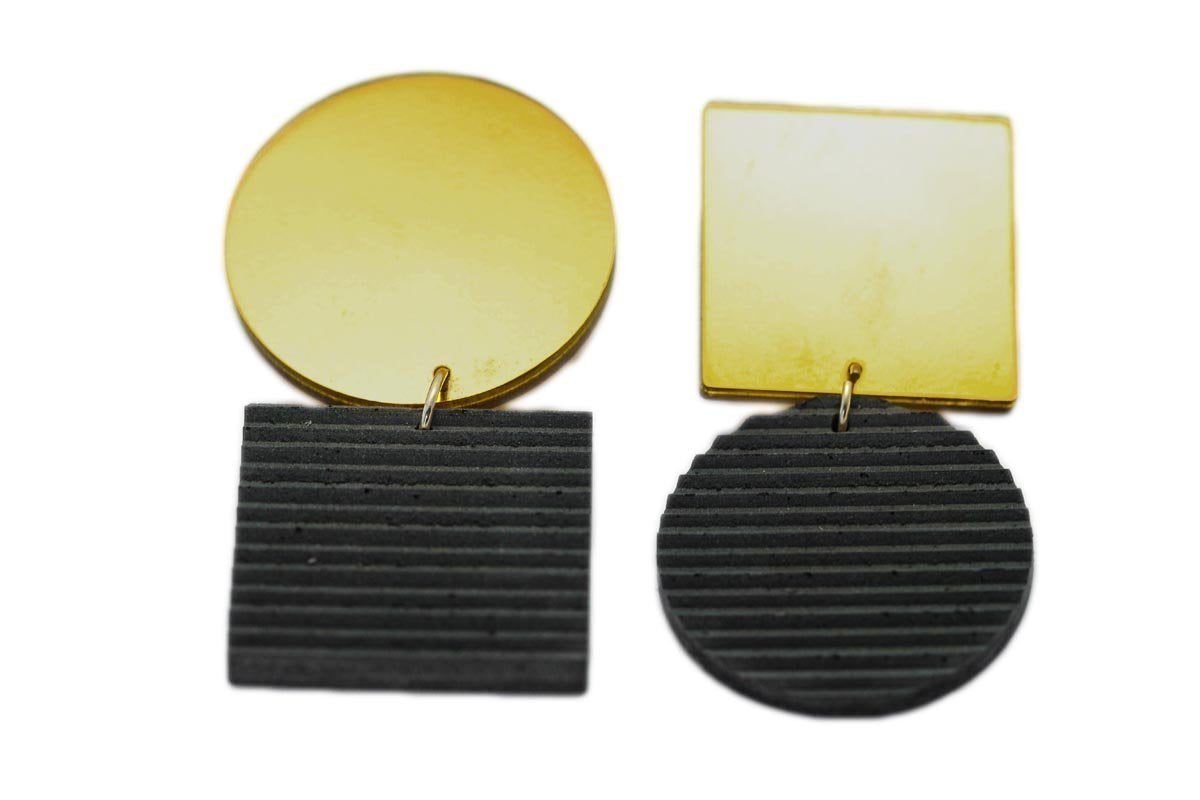 Gray Concrete Ripple Earrings - Asymmetric Large - Gold