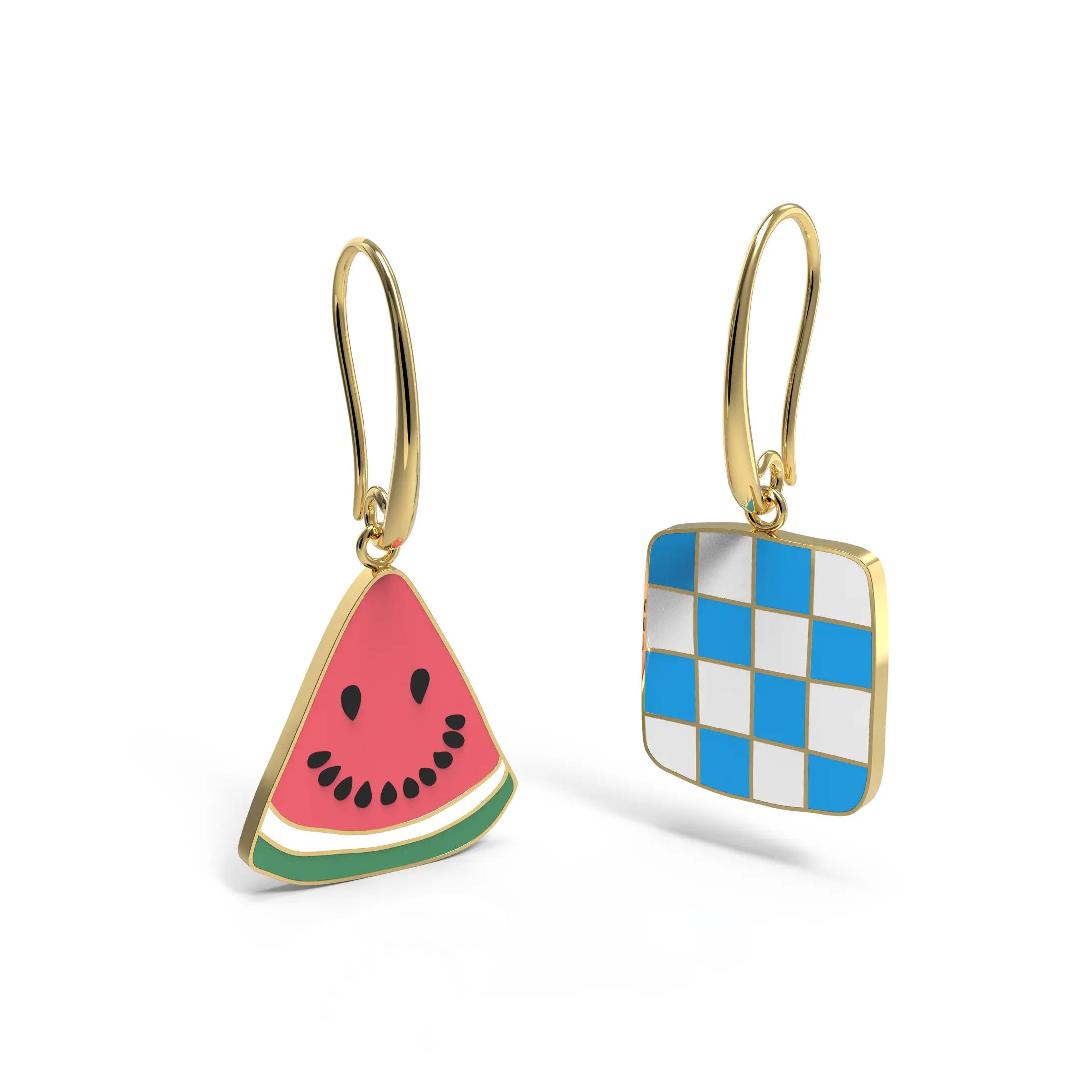Watermelon Picnic Hanging Earrings - 18k Gold Gilt Enamel