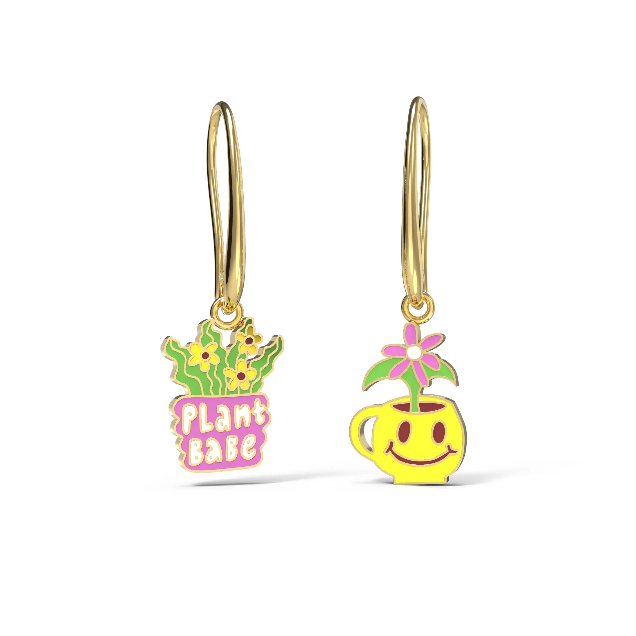 Plant Babe Hanging Earrings - 18k Gold Gilt Enamel Earrings